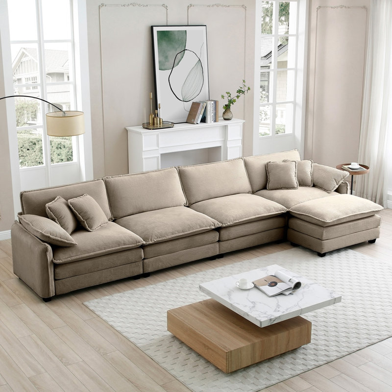 Corduroy Sofa with 1 Footrest, 33.85"H x 149.6"W x 34.25"D, Dark Brown Corduroy