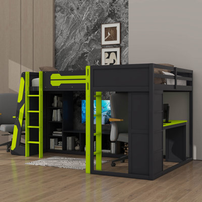 L-Shaped Twin Loft Bed With Integrated Desks, Wooden Gaming Frame With RGB LED, USB Ports, TV Mount, And Storage