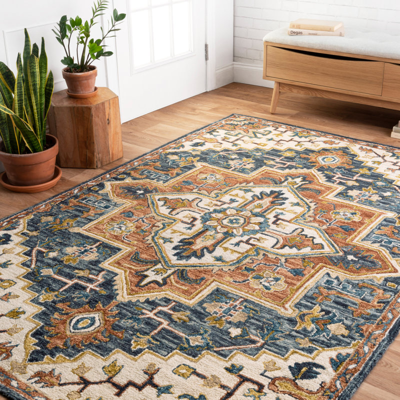 Tapis bleu en laine crocheté à la main Barba, Rectangle 5 pi x 7 pi 6 po