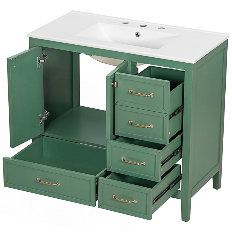 Meuble-lavabo avec lavabo, armoire de salle de bain avec porte à fermeture en douceur, 4 tiroirs de différentes tailles, Vert