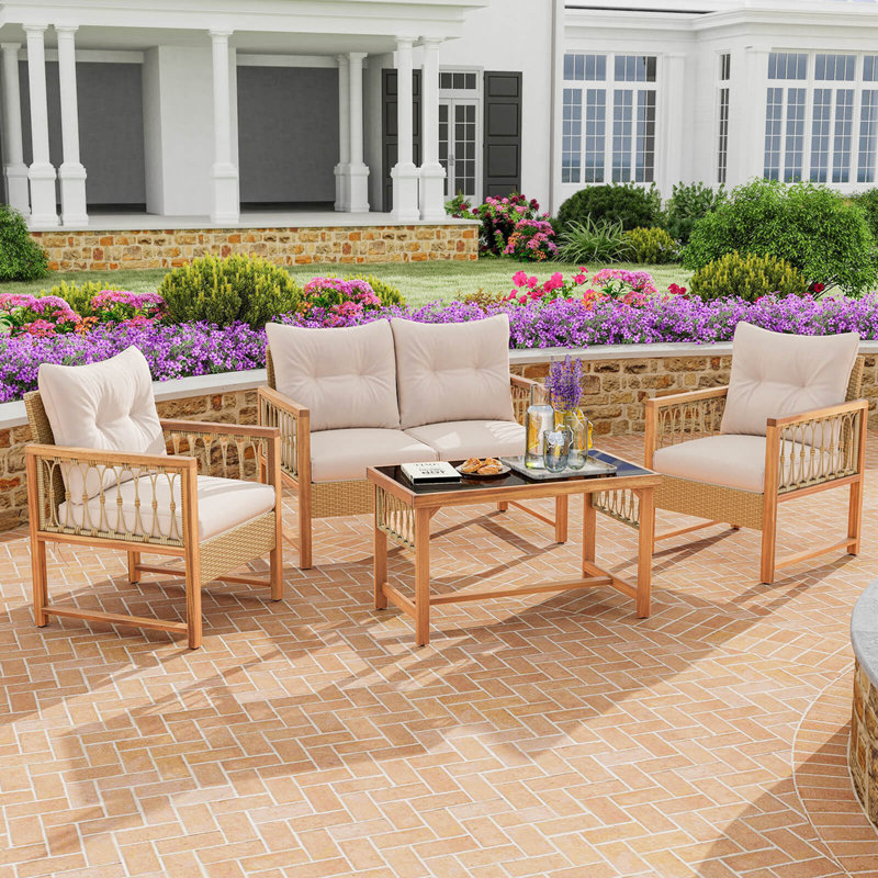 Ensemble de 4 meubles de patio avec coussins et table basse en bois d'acacia, Beige