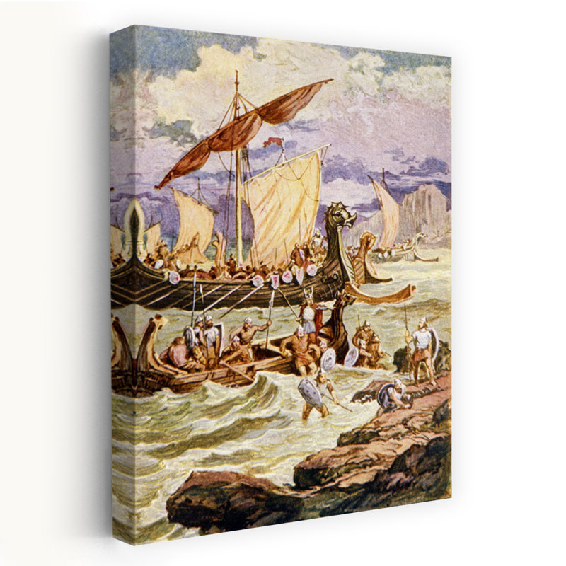 Viking Norsemen Ships Landing Warriors and Explorers Coming Ashore Classic Retro Vintage, art mural, H 48 po x l 32 po