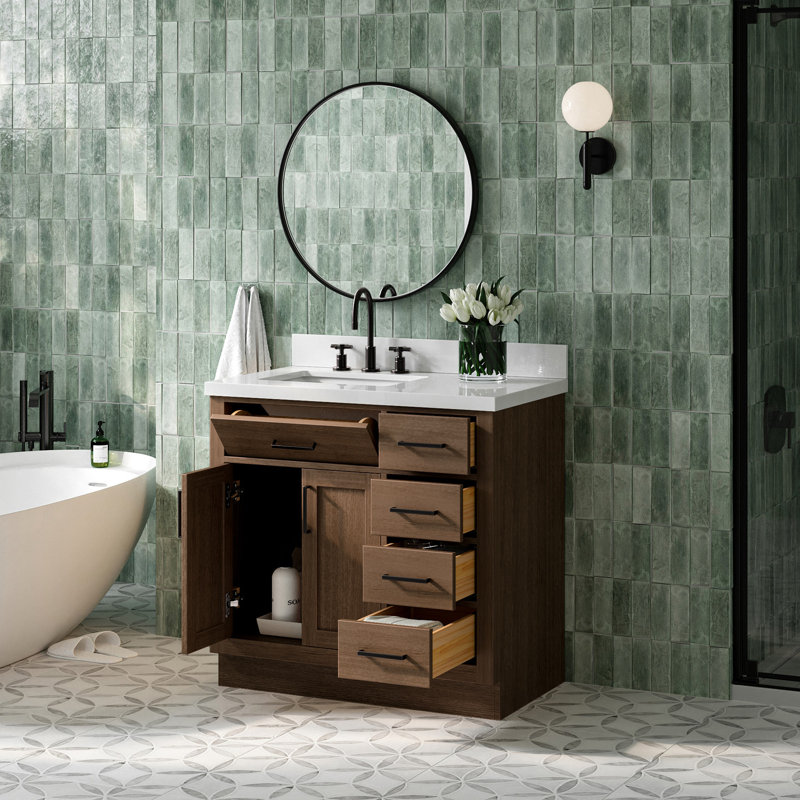 Meuble-lavabo simple en bois massif 36 po Tidworth avec plateau en quartz 1,5 po, Forme rectangulaire, Gauche, Chêne brun