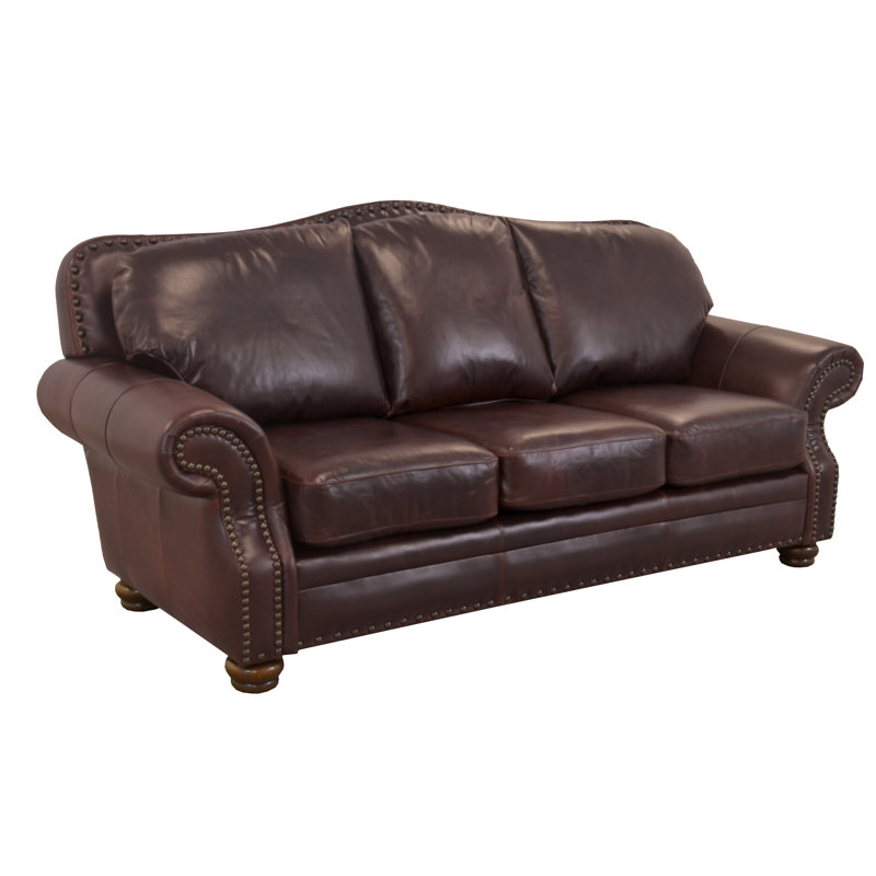 Somto 96" Genuine Leather Rolled Arm Sofa, Berkshire Dark Brown Genuine Leather
