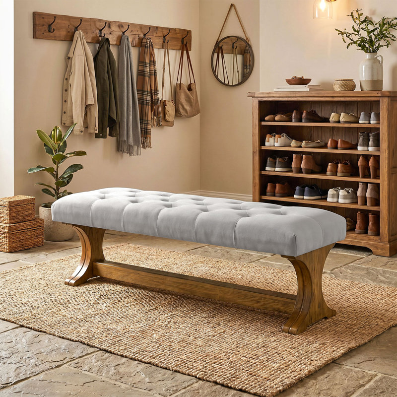 Banc de 55 po à l'extrémité du lit tapissier, banc d'entrée en bois massif touffeté, Brun, gris