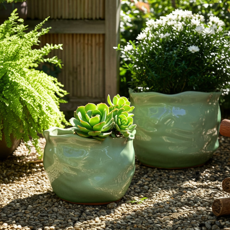 Stoneware Ceramic Planters Decorative Pot Set Durable Handmade Indoor Outdoor Containers Set Of 2, Green