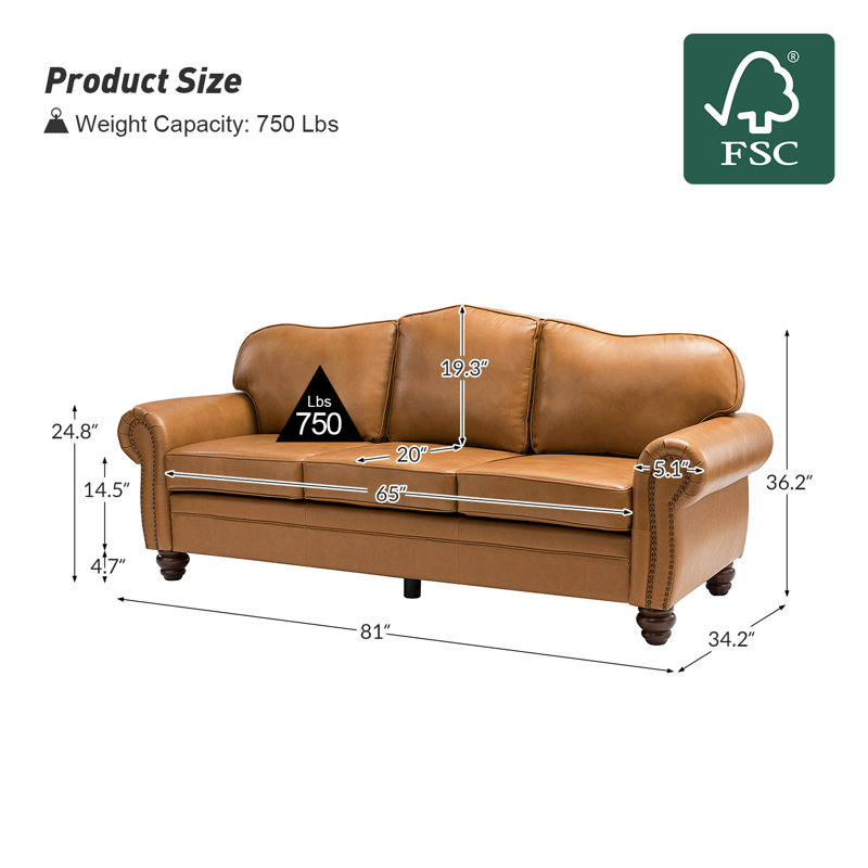 Eugene 81" Traditional Genuine Leather Sofa, Camel