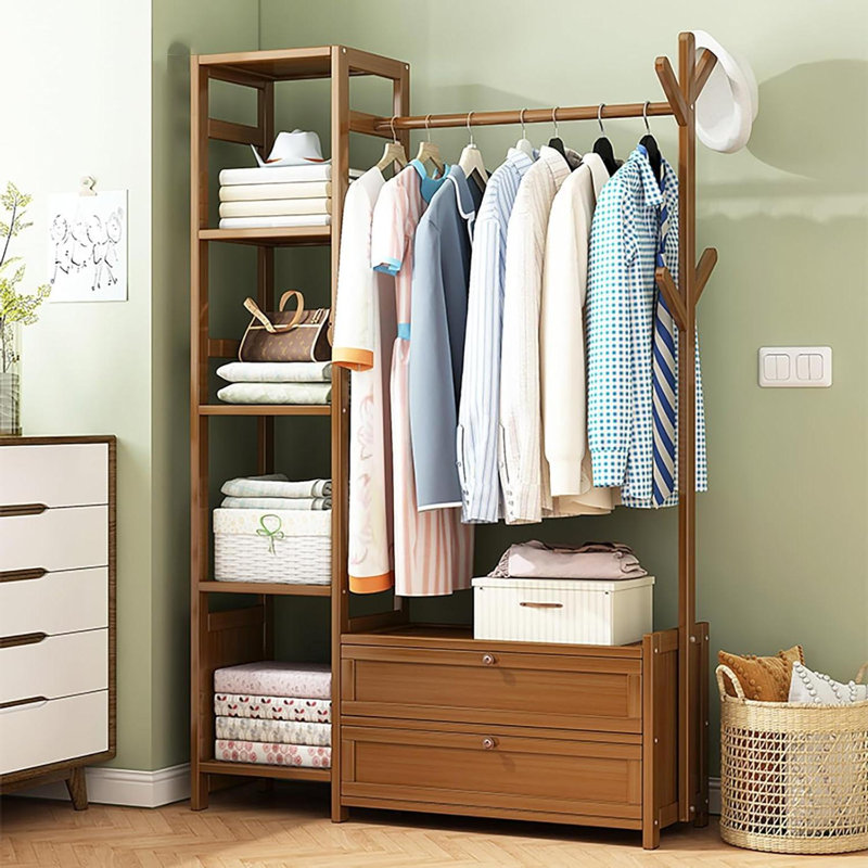 Bamboo 39" W Clothingt Hanging Rack Storage Shelves With Door