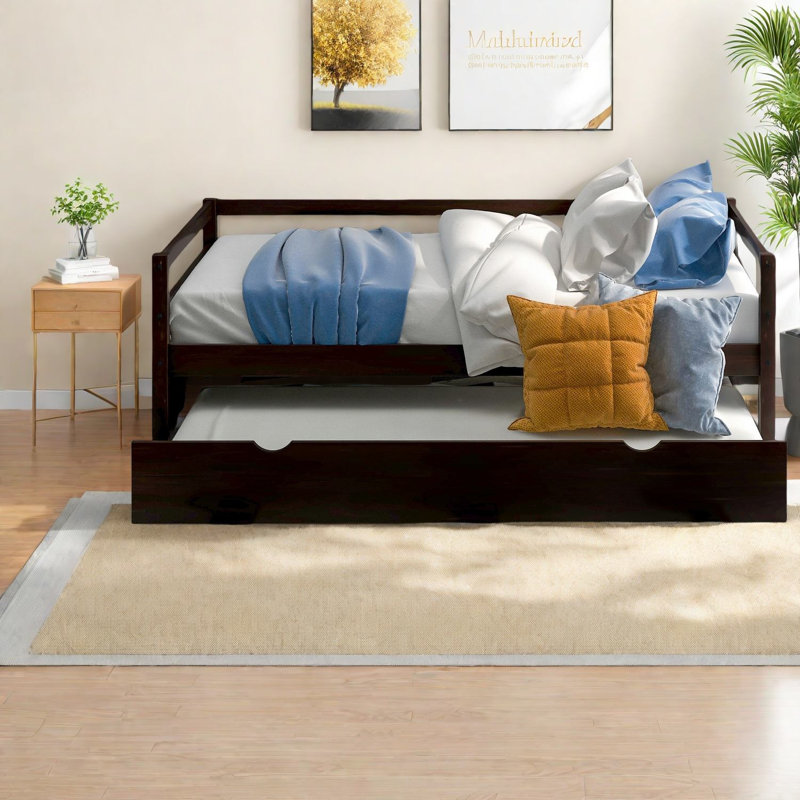 Lit simple gigogne peu encombrant, bois de pin, design espresso moderne