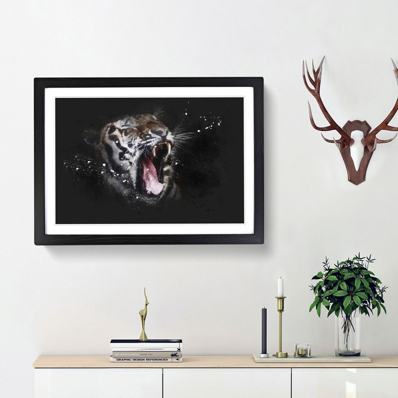 A Yawning Tiger - Single Picture Frame Print on MDF, 45cm H x 63cm W x 2cm D, Black Framed