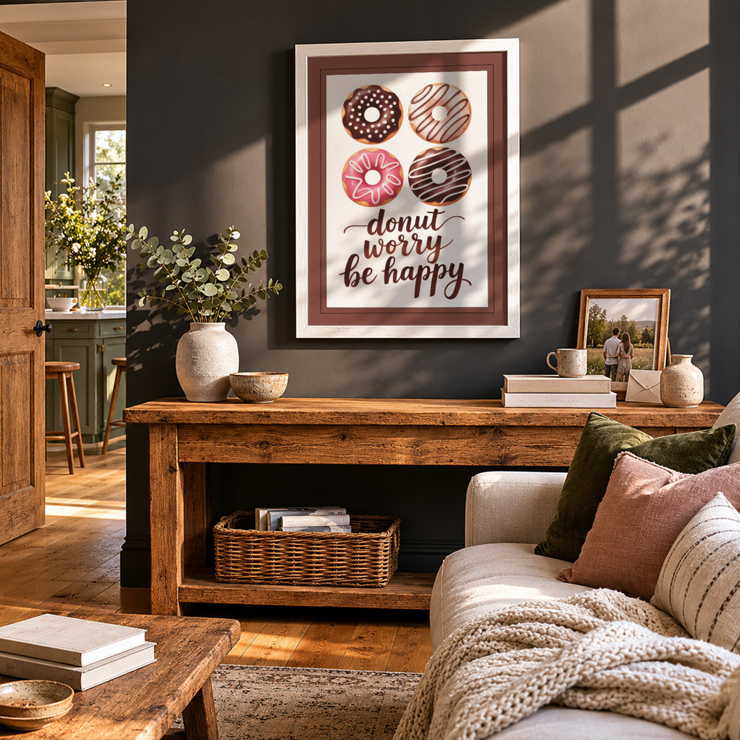 Donut Worry Be Happy Typography - Framed Print