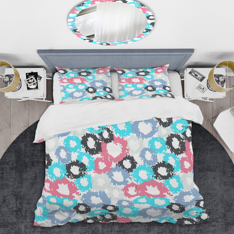 Motif de cercles bleus et roses - ensemble de housse de couette abstrait - microfibre de polyester