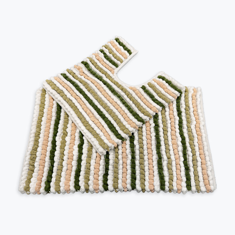 Two Piece Striped Bobble Bath Mat and Pedestal Mat Set, Green/Beige