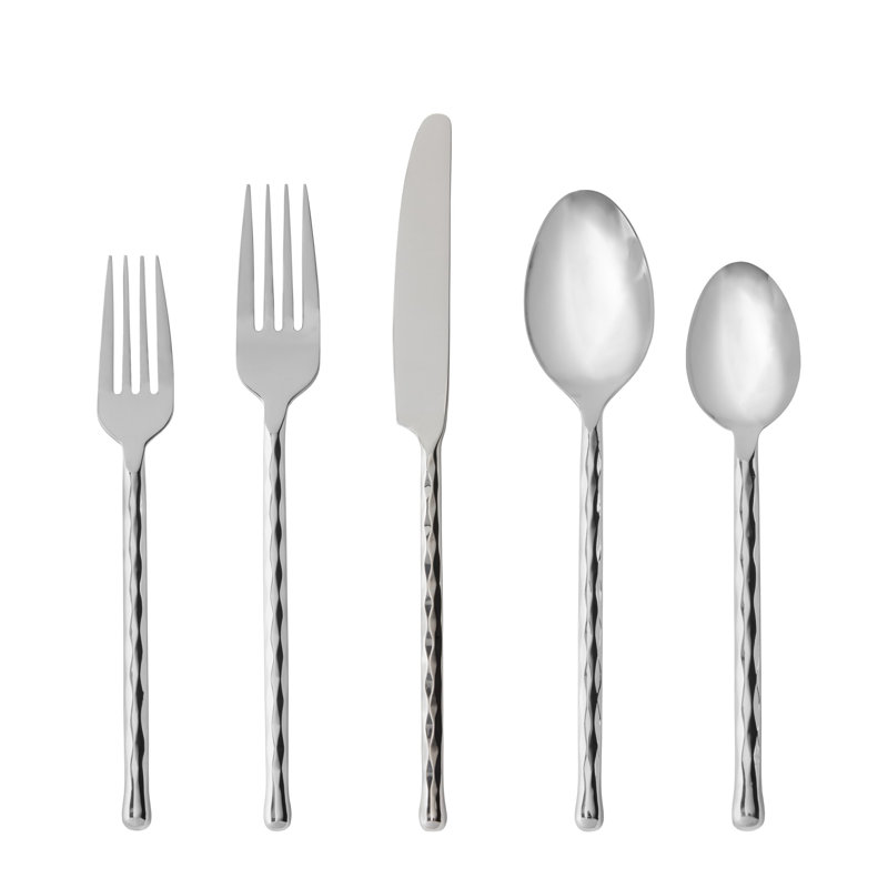 Fortessa Spindle 18/10 Stainless Steel, 5 Piece Flatware Set (Service for 1), Silver