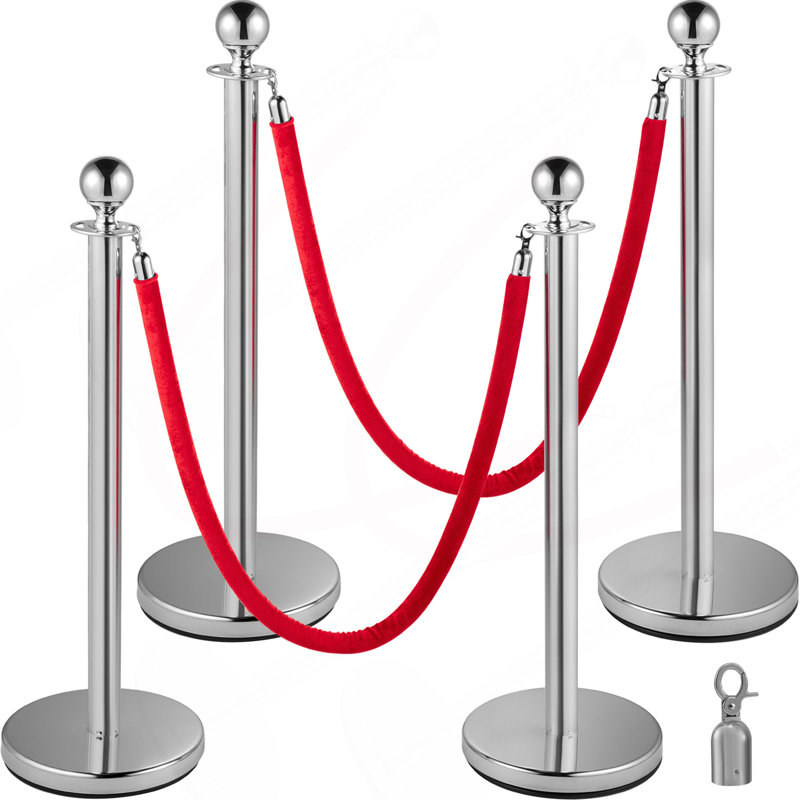 4 PCS en acier inoxydable poteaux de poteau de queue, cordes de velours rouge argent, ligne de barrières en corde de 38 po Barrières de contrôle des foules pour articles de fête