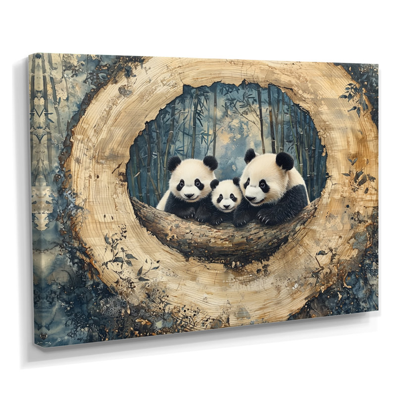 Gerolama, glissade sur bois, famille de panda dans la forêt I - art mural Panda, H 30 po x l 40 po, Toile tendue