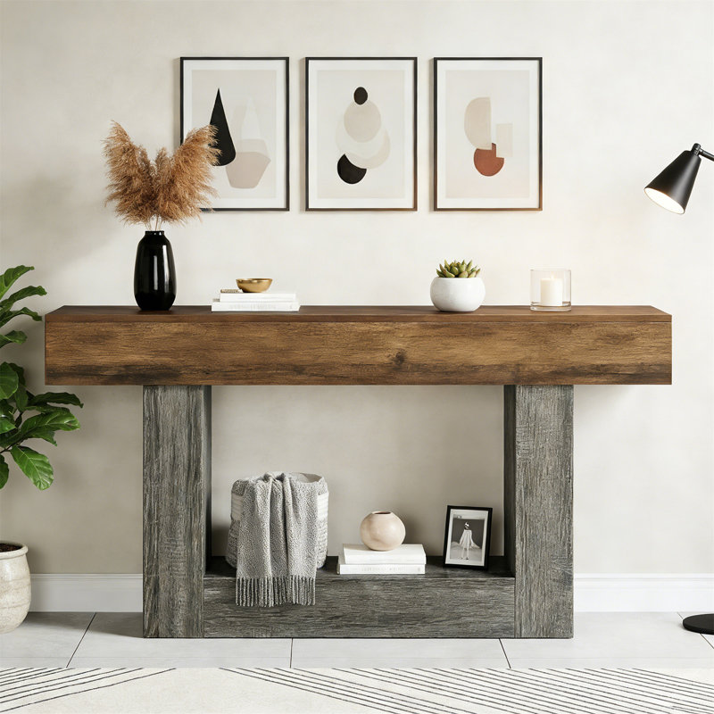 63" Wooden Console Table, Farmhouse 2-Tier Sofa Table Entryway Table, Brown, Gray