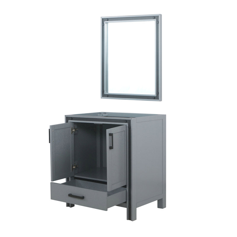 Meuble-lavabo gris foncé de 76 cm de largeur, miroir de 56 cm de profondeur et de 71 cm de hauteur, avec rangement intégré.