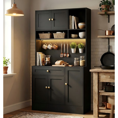 LED Pantry Cabinets With Pegboard, Kitchen Pantry Storage Cabinet With Outlet & Microwave Stand, Kitchen Hutch Coffee Bar With 5 Hooks And Adjustable Shelf