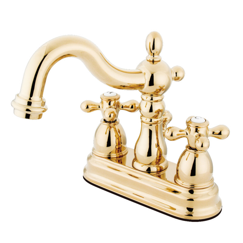 Kingston Brass Heritage Two-Handle 3-Hole Deck Mount 4" Centerset Bathroom Faucet with Plastic Pop-Up, Polished Brass