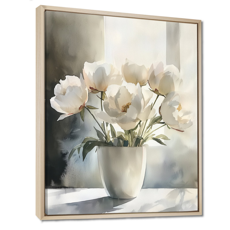 Art sur toile, pivoines et ombres géométriques I, H 44 po x l 34 po, Reproduction avec cadre flottant, Crème, crème