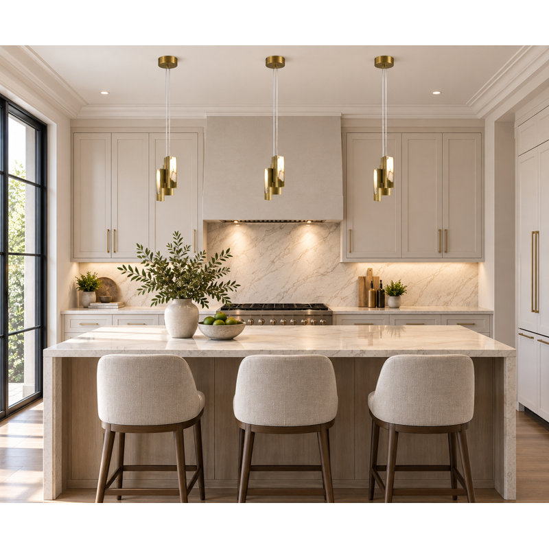 Luminaire suspendu 3 lumières DEL en laiton satiné avec accents albâtre blanc