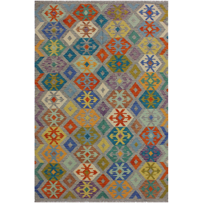 Tapis géométrique gris / vert / violet en laine fabriqué à la main 6 pi 8 po x 9 pi 6 po Madee