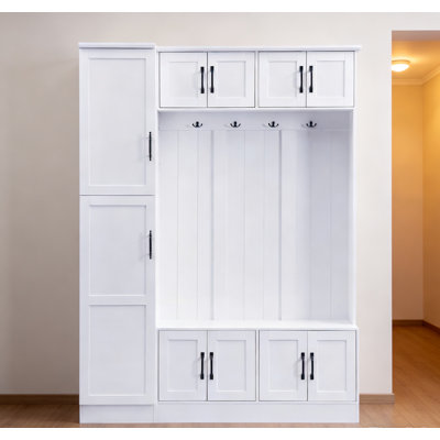 79'' Tall Modern Hall Tree With Shoe Storage, 4-in-1 Entryway Bench With 6 Cabinets, 4 Coat Hooks & Adjustable Shelf For Hallway, Living Room, White