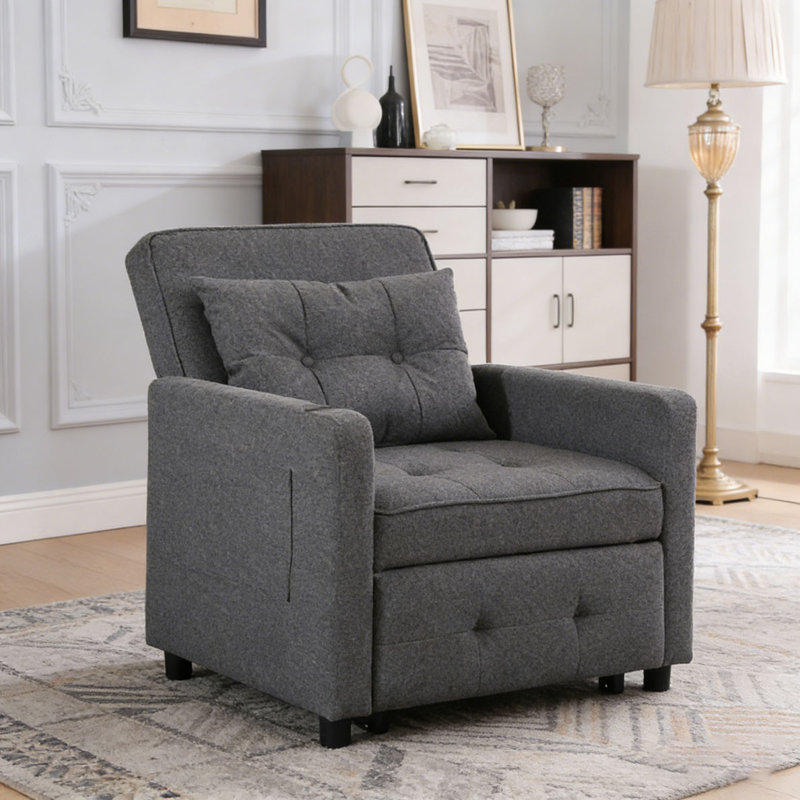 Sleeper Chair 3-in-1 Convertible Chair Bed Pull Out Sleeper Chair Beds Adjustable Single Armchair, Antique Grey