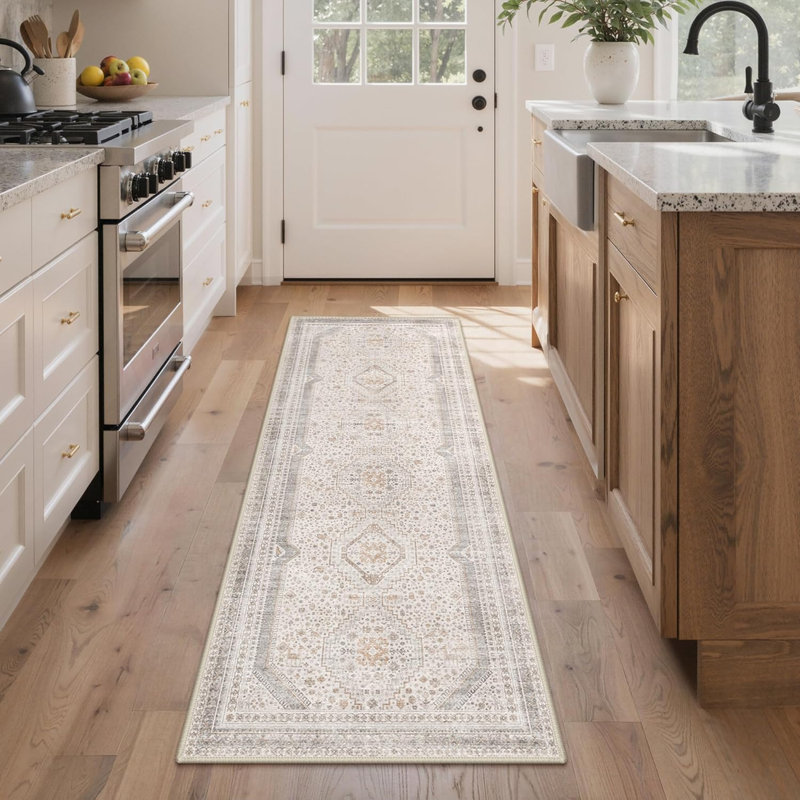 Tapis performance d'intérieur ivoire / crème Medallia Diamond Medallion intérieur lavable à la machine avec envers antidérapant
