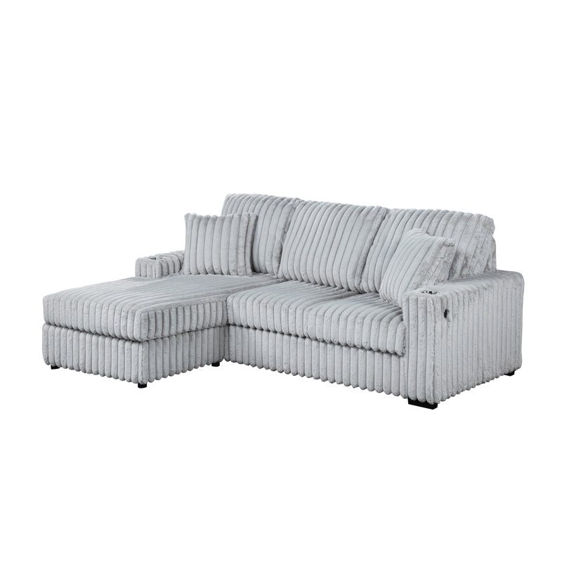 Plush Corduroy Sectional With Reversible Chaise, Light Gray Corduroy