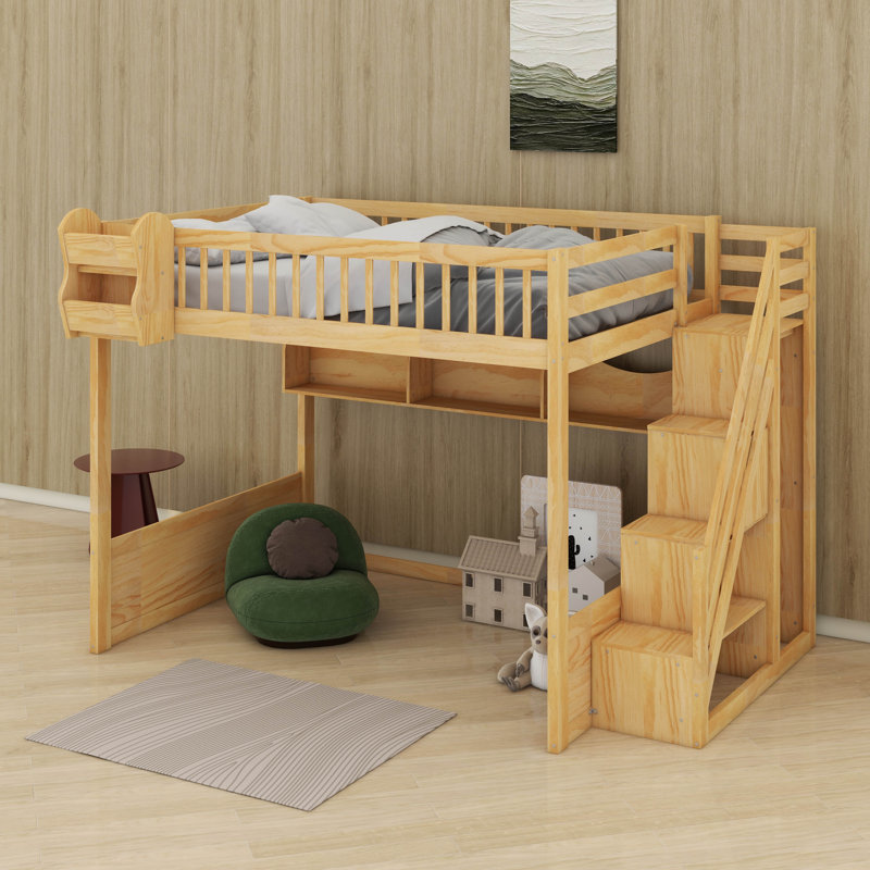 Queen Size Wood Loft Bed Frame With Staircase,Storage Shelves & Wardrobe, Natural