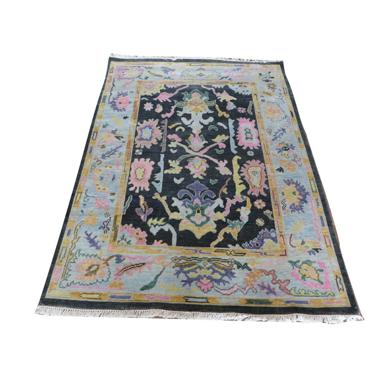 Tapis unique gris anthracite / beige en laine noué à la main 5 pi x 6 pi 10 po One-of-a-Kind Hurst