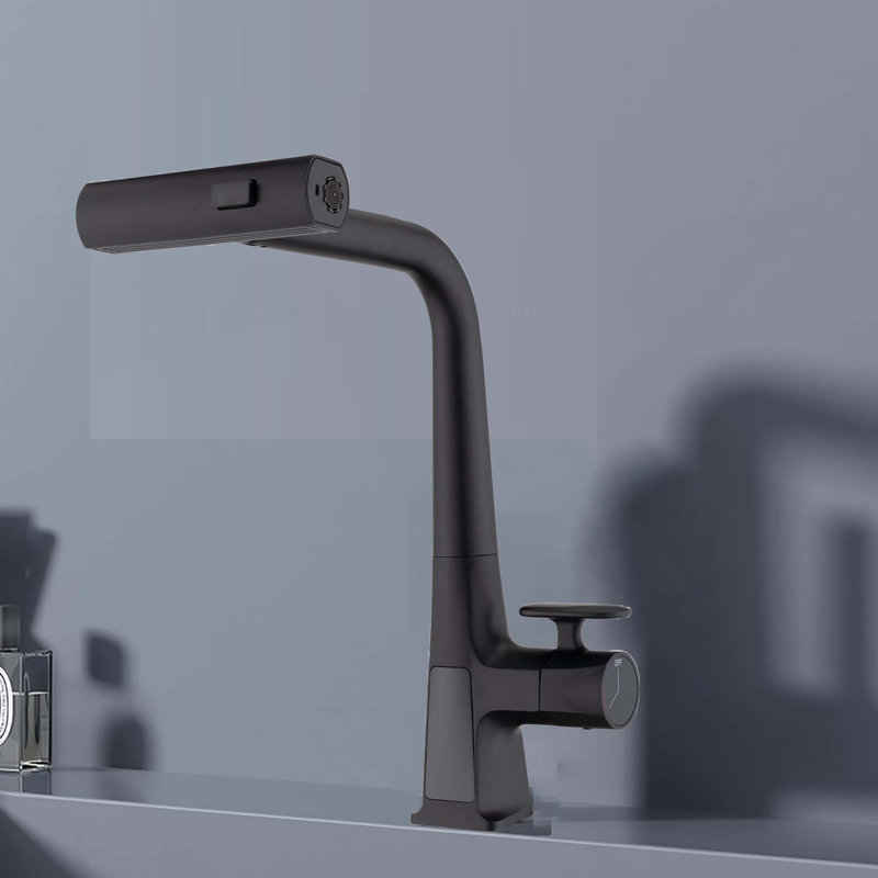Robinet de cuisine moderne à poignée simple rotatif à 360 ° avec trois modes de sortie d'eau, affichage de la température et pulvérisateur rétractable