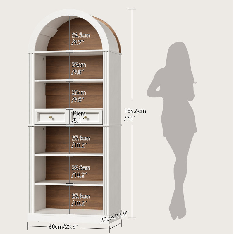 73" Arched Bookshelf  with Drawers and Open Display Shelves, 6-Tier Farmhouse Bookcase with Adjustable Shelf, White/Walnut