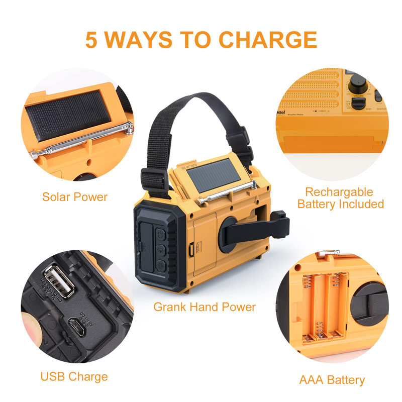 Weather Radio, 5000Mah/18500Mwh NOAA Weather Radio, Solar Hand Crank Emergency Radio With AM/FM/SW/NOAA Weather Alert, Flashlight, Reading Lamp, Cell Phone Charger And SOS Siren