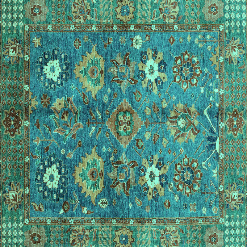 Tapis oriental fabriqué à la machine en bleu / vert / brun, Carré 8 pi