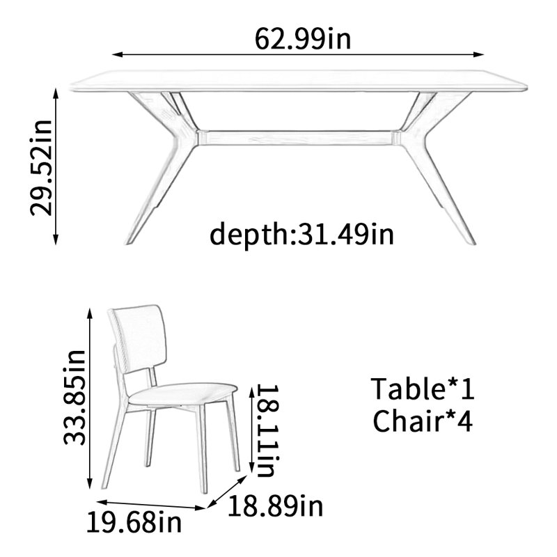 Ensemble de table de salle à manger rectangulaire, H 29,52 po x L 62,99 po x l 31,49 po