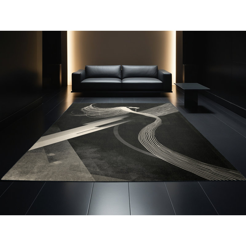 Tapis abstrait moderne et contemporain lavable à la machine en brun - reliure noire Alan Banshee, 6 X 9