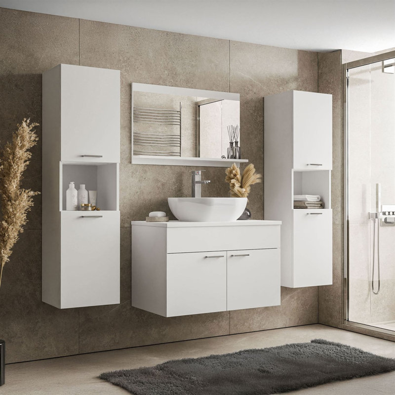 80 mm Wall Mounted Combined Vanity Unit with Vessel Ceramic Basin, White/ White matt