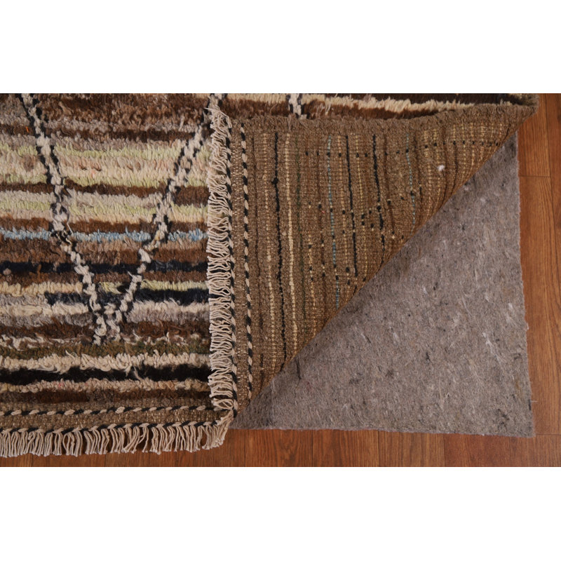 Tapis brun en laine noué à la main de conception unique 7 pi 1 po x 9 pi 10 po New Age