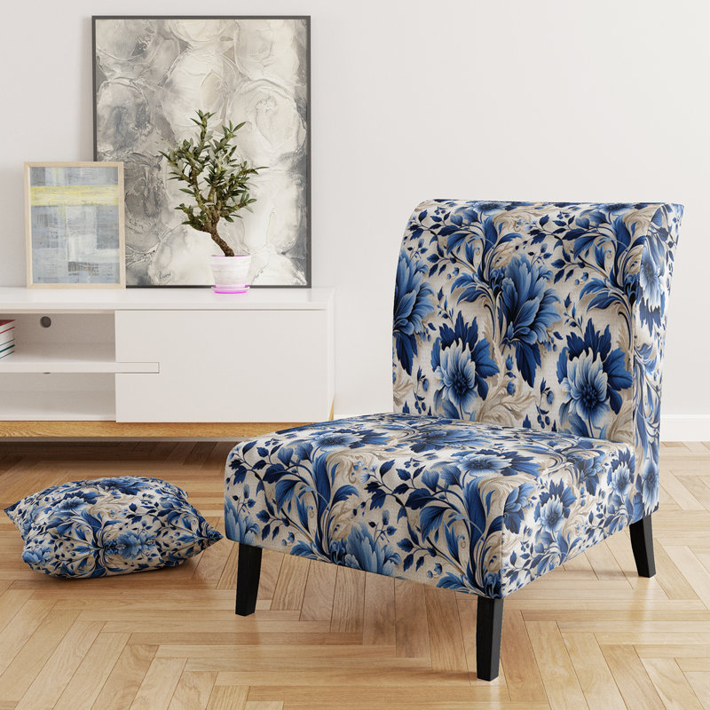 Motif victorien de feuilles d'acanthe bleu cobalt - Fauteuil de chambre rembourré de style campagnard, fauteuil d'appoint bleu