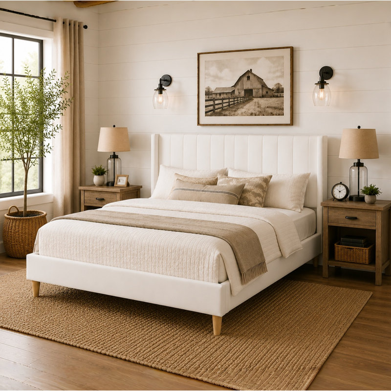 Eriksay Low Profile Upholstered Platform Bed with Wingback Headboard, Queen, Cream Velvet