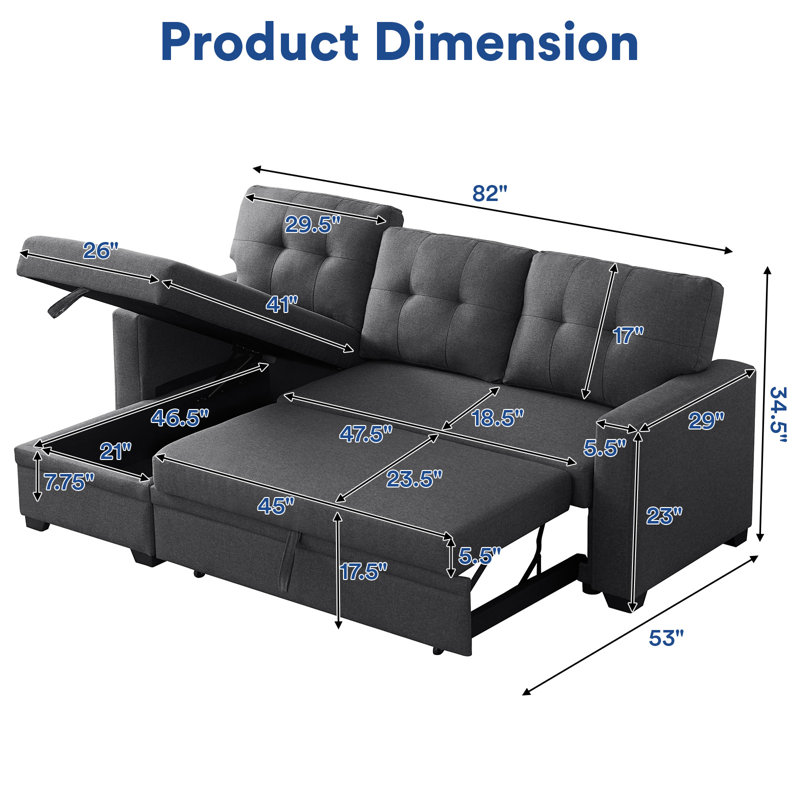 82-inch Sleeper Sofa, Upholstered Pull Out Sectional Sofa with Storage Chaise, L-Shaped Corner Reversible Sleeper Sectional Sofa