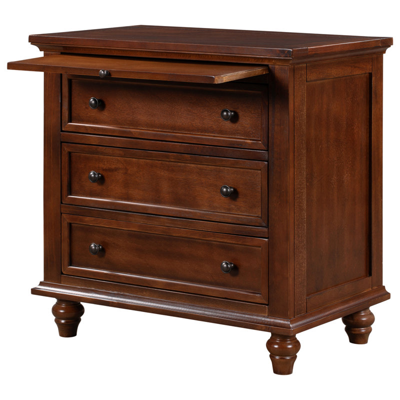 Table de chevet 27,6 po avec 3 tiroirs et plateau coulissant, table de chevet en placage de bois de pin avec pieds en bois d'hévéa