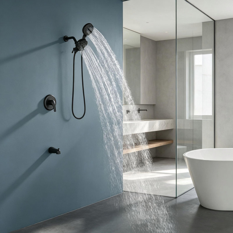Ensemble de douche mural à double pommeau Topcraft avec robinet de baignoire, Noir mat