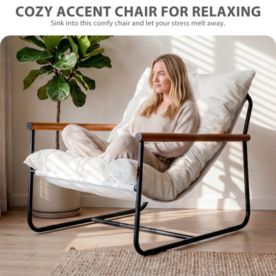 Chaise d'appoint moderne, chaise de salon confortable avec accoudoirs en bois et cadre en métal, fauteuil rembourré avec coussin moelleux