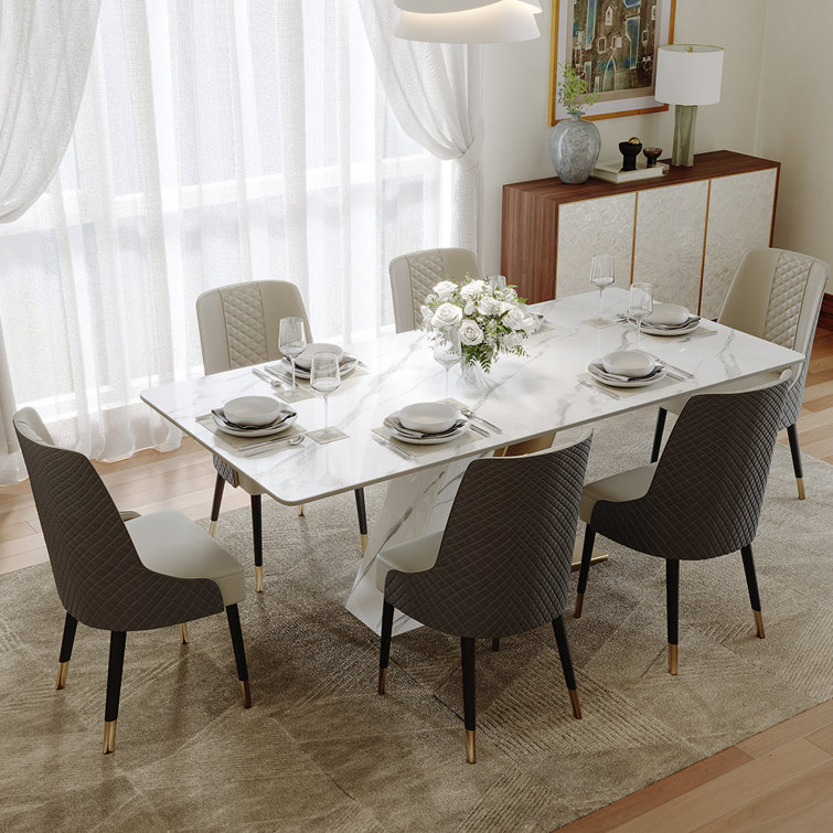Modern Dining Table Sets for 6, White Sintered Stone Dining Table With PU Upholstered Chairs