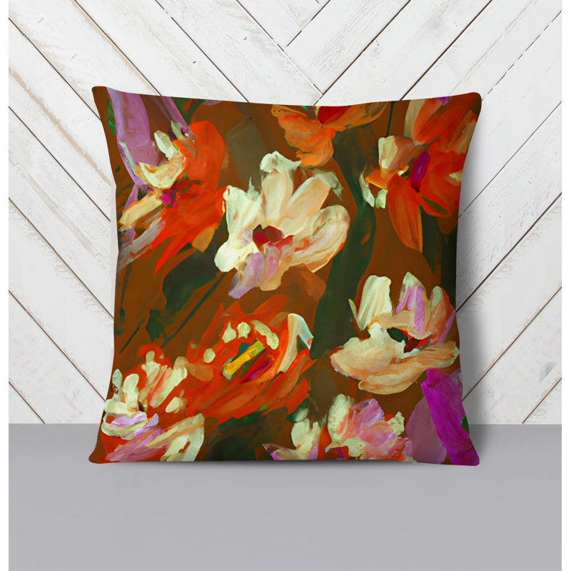 Throw Pillow With Insert, Green/Orange Floral 3, 20"H x 20"W
