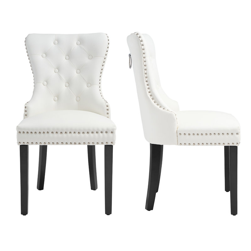 White Faux Leather Upholstered Side Chair with Wood Legs